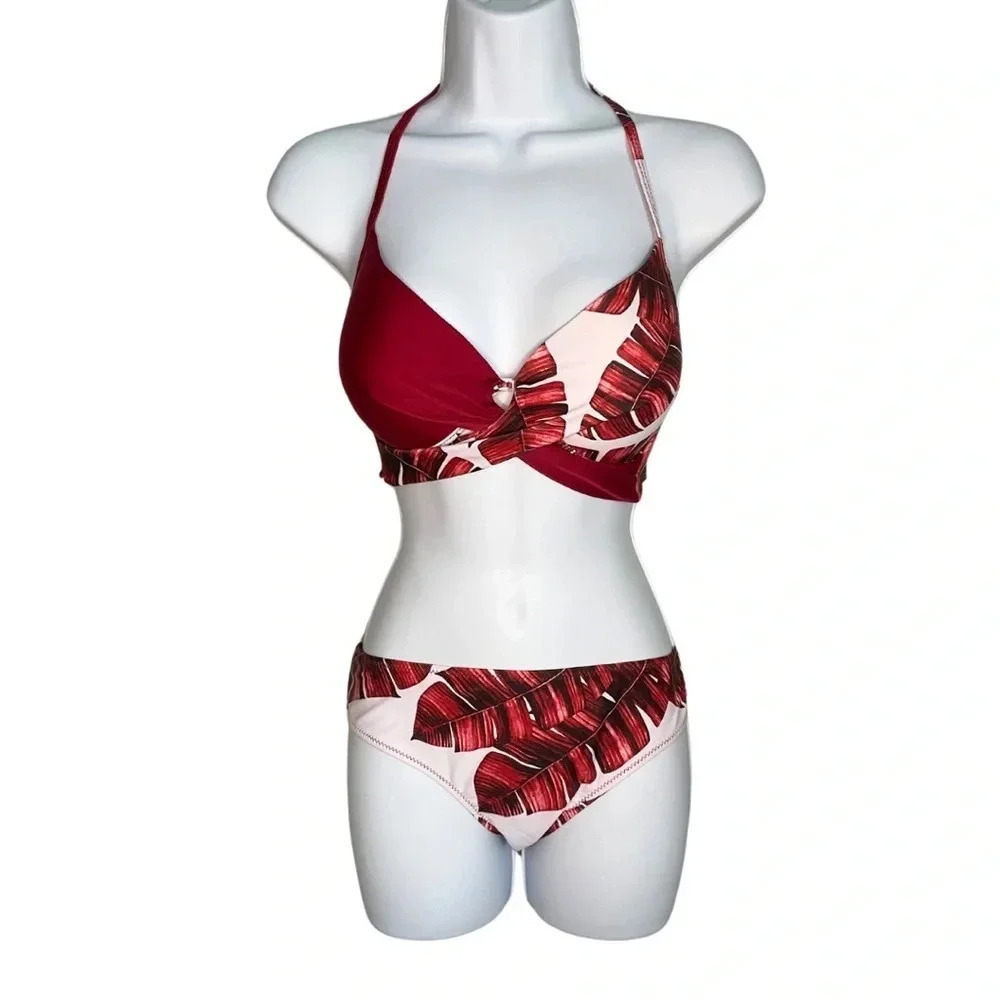 Tropical Palm Tree Res Leaf Print Bikini Set - Large, Like New. Ladies Swimwear